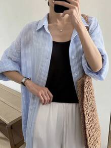 DAZY Women's Striped Drop Shoulder Long Sleeve Single-Breasted Casual Regular Jacket - Blue - View 1