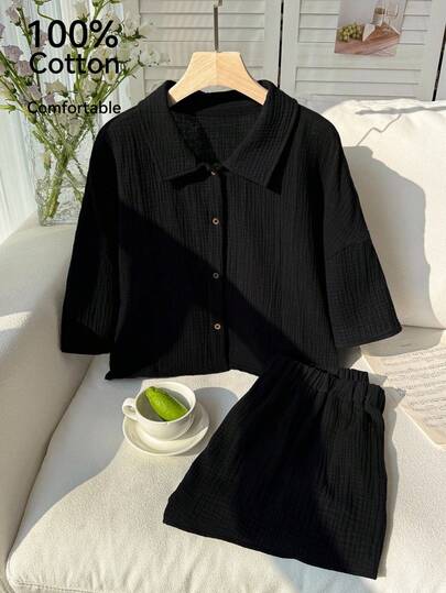 Comfortcana 2pcs/Set Plus Size Casual Short Sleeve Shirt And T-Shirt, Spring/Summer