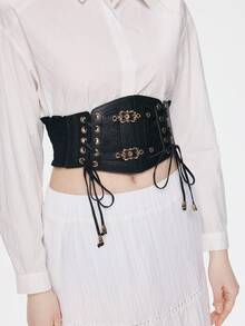 ROMWE Goth 1件装女士黑色蕾丝链条骷髅交叉系带装饰弹力腰带哥特风连衣裙配饰万圣节 - 黑色金配件 - 查看 5