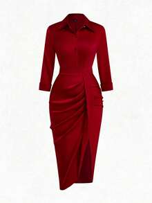Franclia Plus Size Elegant Red Satin Women's Dress,Autumn Long Sleeve Shirt Collar Asymmetrical Hem Ruffle Dress,Formal Party Work Church Outfits For Women - Red - View 7
