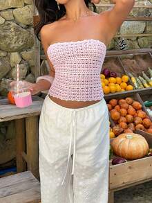 Sunnyshic Women's Strapless Vacation Striped Colorblock Sweater - Baby Pink - View 3