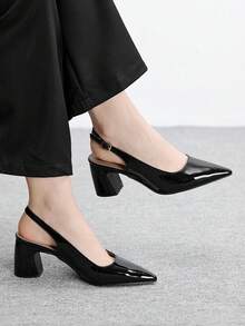 CUCCOO BIZCHIC 1. Patent Leather Pointed Toe Backless Sandals, Chunky Heel Commuter French Elegant Shoes, Glossy Black / 2. Burgundy Pointed Toe Shoes, Retro Chunky Heel Backstrap High Heels - Black - View 1