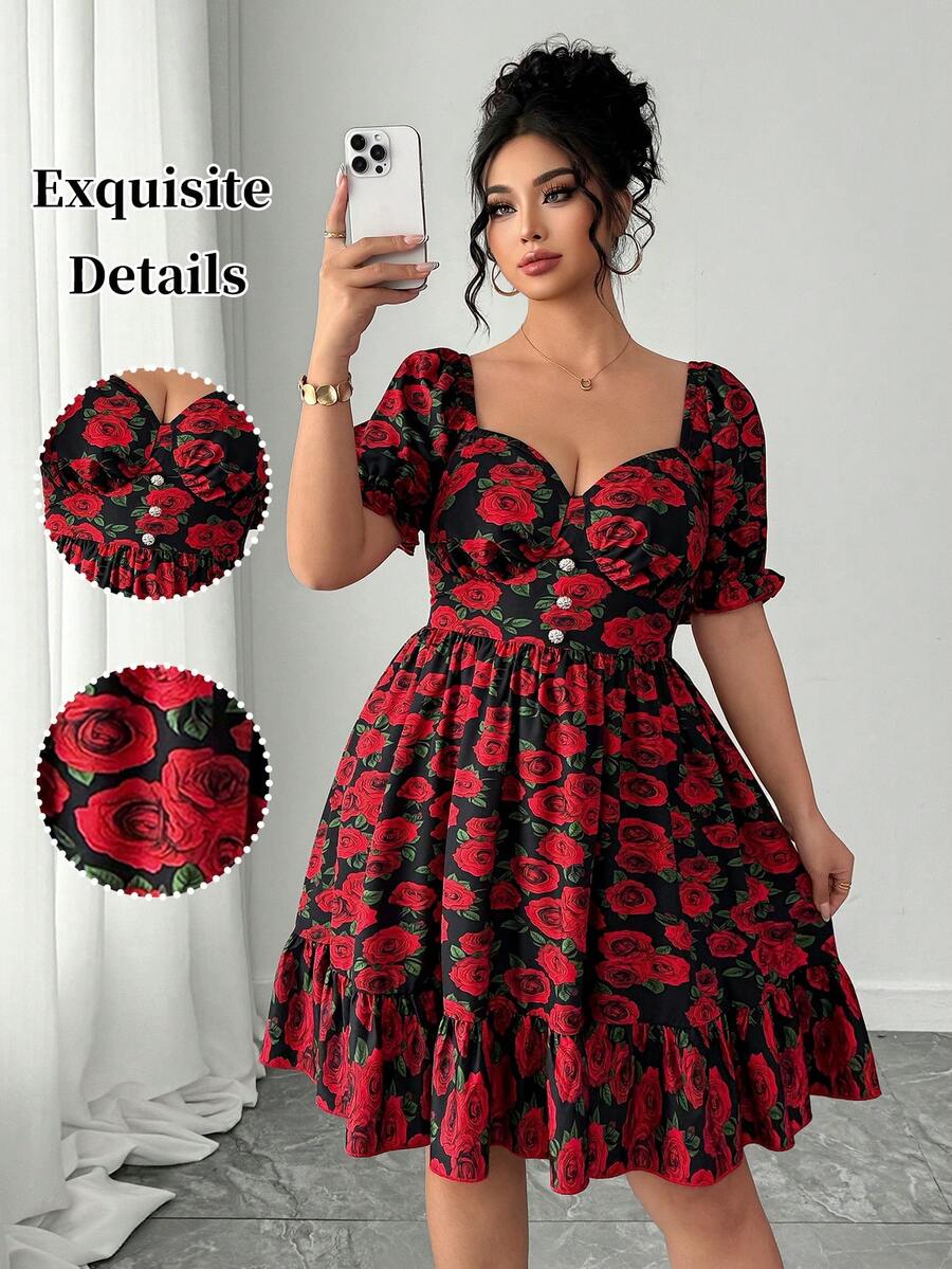 Elenzga 情人节加大码女士优雅浪漫印花褶皱纽扣腰带中长连衣裙，情人节 - 紅色 - 查看 1