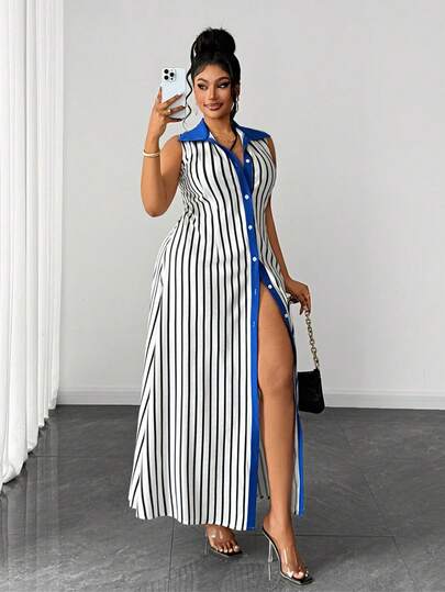 Maweii Plus Size Women Striped Single-Breasted Casual Sleeveless Shirt Dress