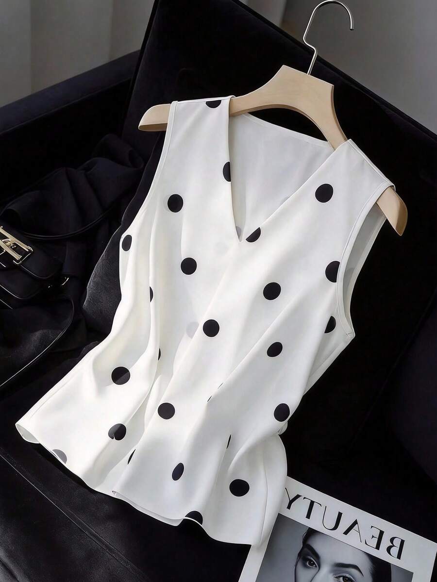 Franclia Women's Summer French Casual Minimalist V-Neck Sleeveless Polka Dot Print Loose Pullover Blouse - White - View 1