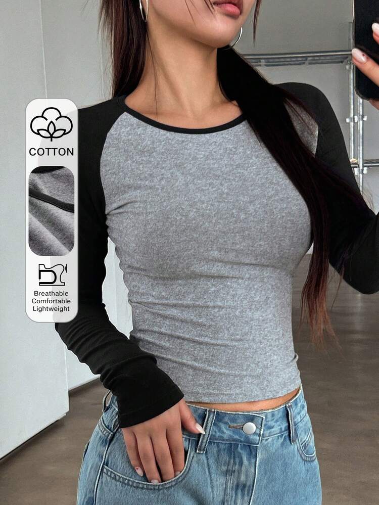 Casual Round Neck Colorblock Raglan Sleeve Cotton T-Shirt, Spring/Autumn Y2k