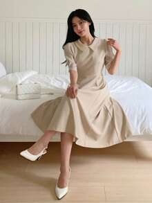 DAZY Women's Collared Fitted Waist Midi Dress, Suitable For Commuting Sundress - Khaki - View 2