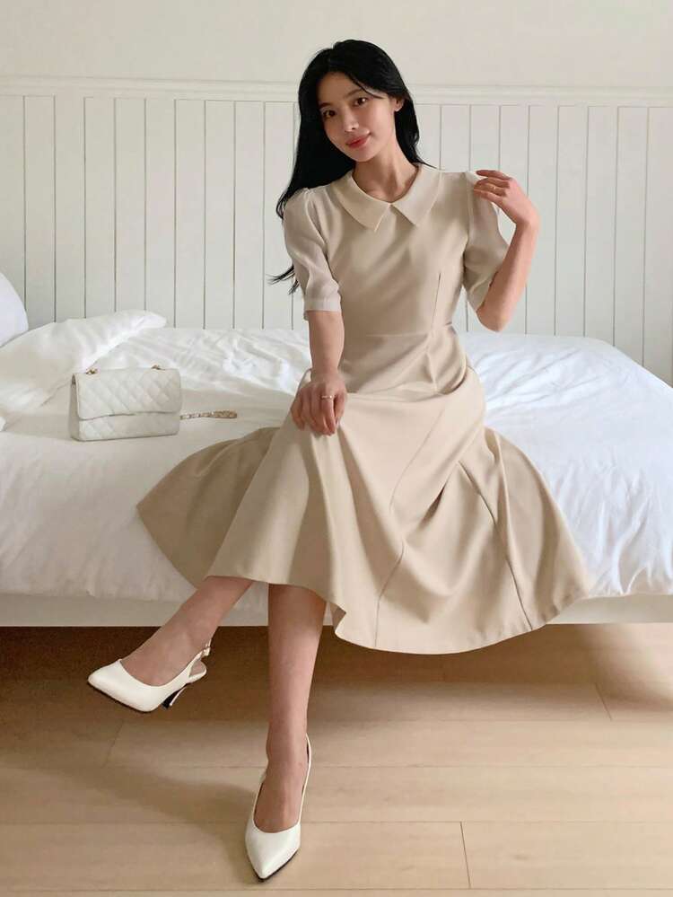 Women's Collared Fitted Waist Midi Dress, Suitable For Commuting Sundress Summer