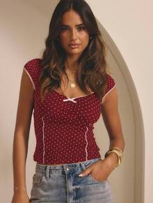 Aralina Winter / Summer Mesh Polka Dot Ruched Front Contrast Trims Cute Going Out Top - Burgundy - View 6
