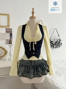 Elamini Áo vest denim không tay ôm sát, cài cúc phía trước, thời trang nữ - Màu xanh lam - Xem 4