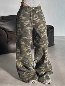 DAZY Women's Loose Fit Camouflage Denim Jeans, Korean Street Style Petite - Army Green - View 3