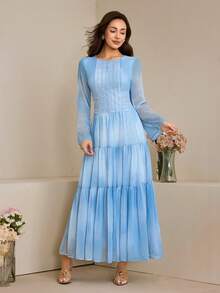 Modelyn Đầm ren in kỹ thuật số màu xanh dương dành cho nữ, kiểu dáng Ả Rập nhẹ nhàng, lãng mạn và tươi mới. - Màu xanh lam - Xem 6