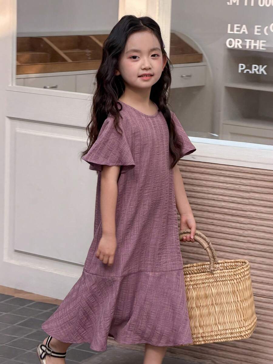 DAZY Young Girl Solid Color Round Neck Ruffle Short Sleeve Loose Casual Dress - Purple - View 1