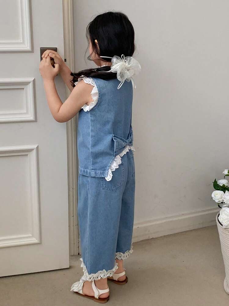 2pcs Young Girls Crew Neck Sleeveless Denim Top And Wide Leg Denim Pants Set, Fall Outfit