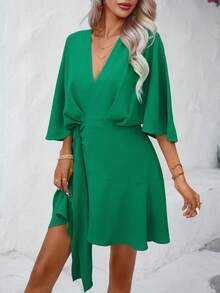 Breezaya Solid Batwing Sleeve Wrap Knot Side Dress Vacation Beach Outfits Women - Green - View 4