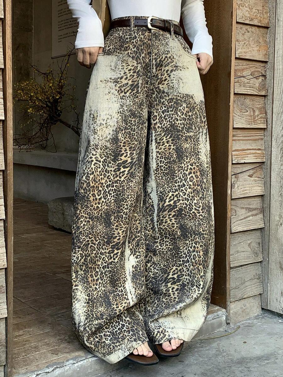 DAZY Women's Loose Fit All-Over Leopard Print Relaxed Denim Jeans - Brown - View 1