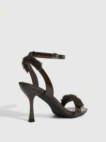 CUCCOO SZL 女士毛绒拼接搭扣设计优雅高跟凉鞋 - 棕色 - 查看 5