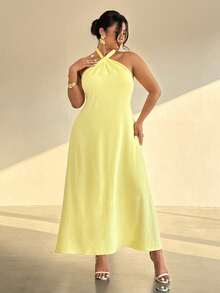Firerie 大码纯色休闲无袖吊带连衣裙，适合夏季穿着 - 黃色 - 查看 4