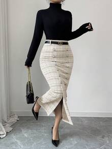 SHEIN Elenzya Chân váy maxi dáng suông cạp cao, xẻ tà, cài khuy ngọc trai, chất liệu len pha, thích hợp cho các dịp thường ngày, tiệc tùng, mùa thu/đông. - Màu be - Xem 7