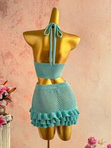 Elamini Bộ đồ nữ màu xanh bạc hà họa tiết hoa 3D gợi cảm gồm áo khoét lỗ và chân váy xòe dễ thương, trang phục đi biển thường ngày, mùa hè. - Màu xanh Bạc hà - Xem 2