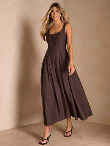 Enchnt 女士纯色蝴蝶结装饰方领无袖优雅连衣裙 - 棕色 - 查看 3