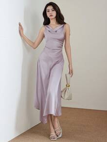 Heiryn Women's Elegant Summer Dusty Mauve Satin Cowl-Neck Asymmetric Midi Dress,Bias-Cut Party Evening & Wedding-Guest Dress,Solid Color Pleated Sleeveless - Pink - View 5
