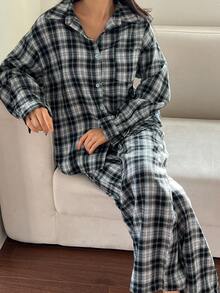DAZY 两件套女士格子睡衣套装，宽松开衫长袖衬衫和长裤，适合秋冬季和圣诞节穿着。 - 藍色 - 查看 3