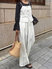 FRIFUL Women's Striped Single-Breasted Camisole Top And Pants Casual 2 Pieces Set - Apricot - View 4