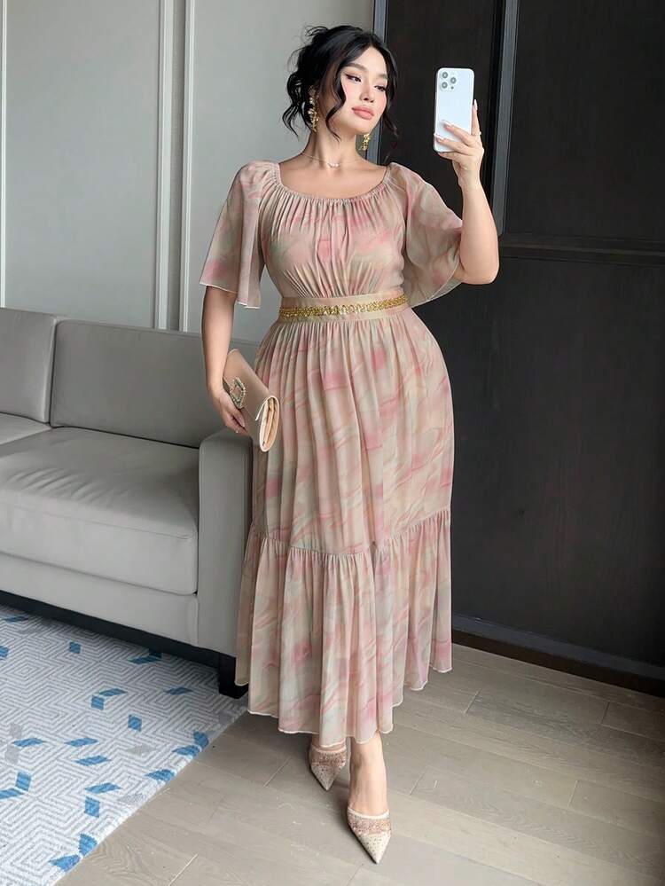 Dazy Plus Plus Size Women's Tie-Dye Raglan Ruffle Sleeve Waist Cinched Elegant Midi Dress Sundress