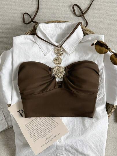 Swim Vcay Women's Summer Beach Vacation Brown Halter Tie Metal Decor Bikini Top