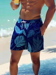 HIMLAND Men's Summer Leaf Print Drawstring Waist Slant Pocket Hawaiian Mesh Lined Shorts, 3D Digital Printing, Fashion Casual Beachwear, Swim Trunks - Multicolor - View 2