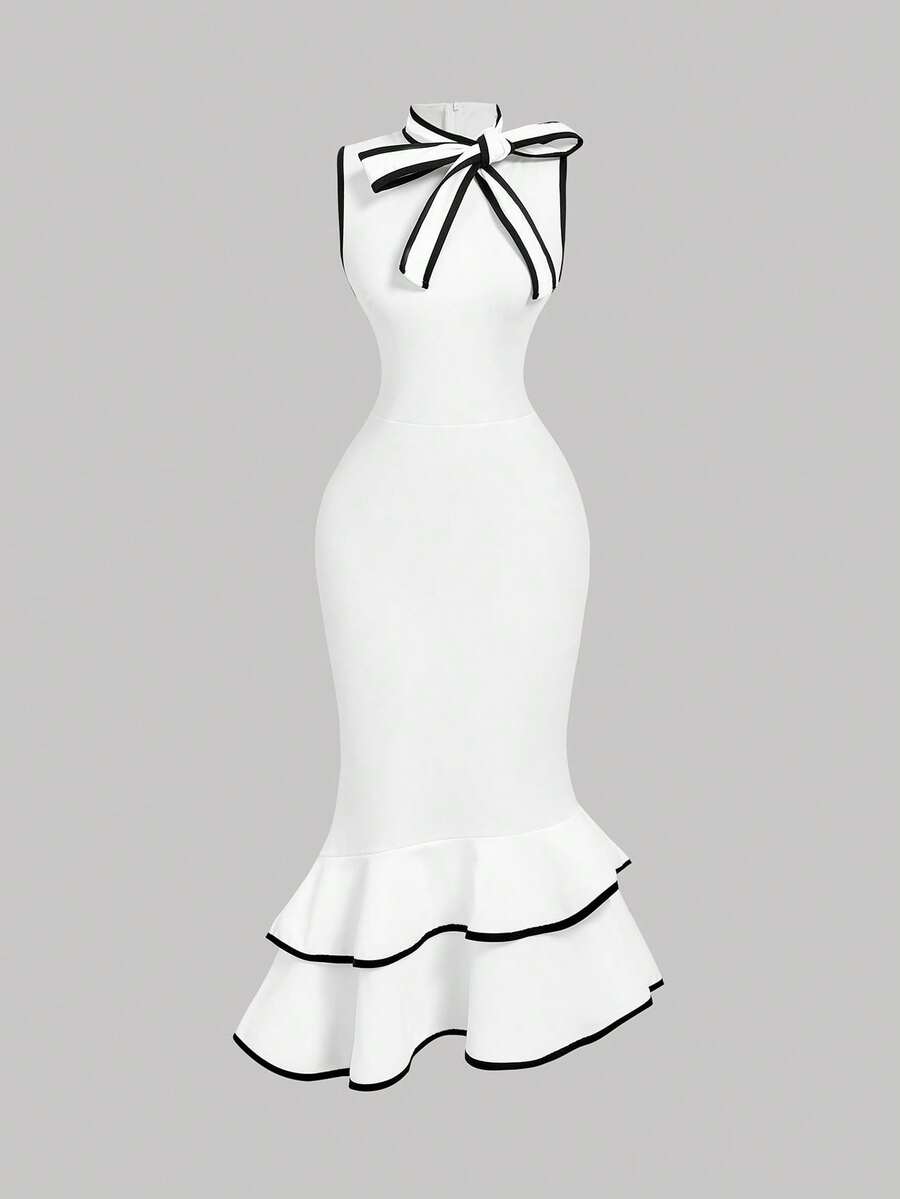 SHEIN MOD 女士无袖中长连衣裙，带垂褶领 - 白色 - 查看 1