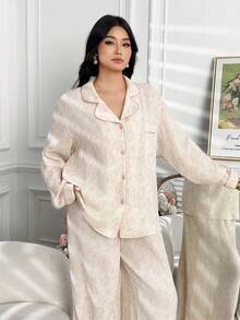 Dazy Plus Elegant Floral Pattern Loungewear 2 Pieces Set, Loose Pocket Lapel Top And Straight Leg Pants, Plus Size Women Spring/Autumn Pajama Set - Yellow - View 9