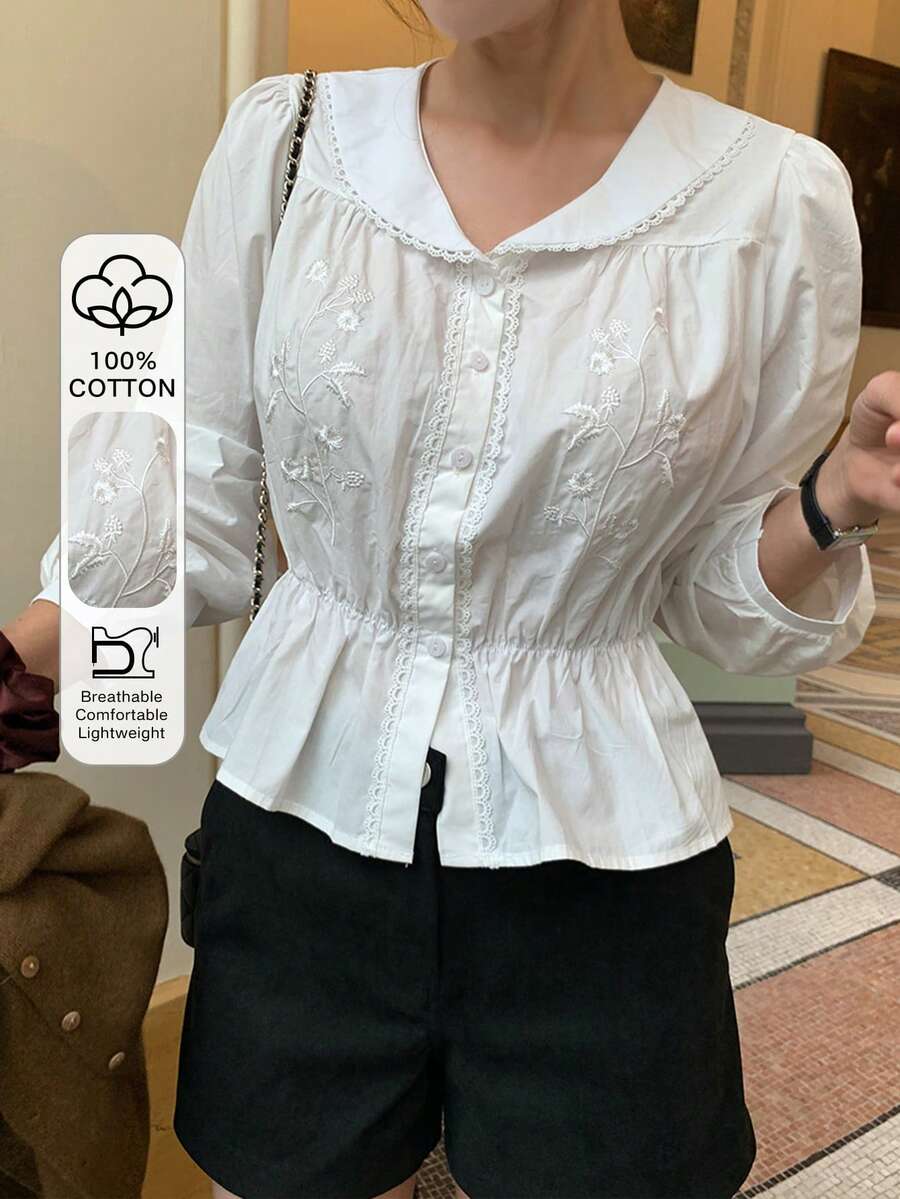 DAZY 女士优雅刺绣修身长袖衬衫，春季款 - 白色 - 查看 1