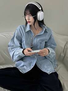 DAZY Áo sơ mi dài tay denim màu trơn dành cho nữ, áo kiểu rộng rãi, áo khoác mỏng mặc ngoài. - Rửa nhẹ - Xem 9