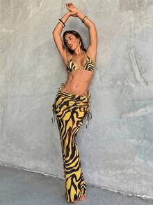Aloruh Women's 3-Piece Bikini Set,Yellow,Summer,Casual,Beach,Vacation,Holiday Zebra Print Metal Decor Triangle Halter Top,Thong&Long Sarong Skirt - Multicolor - View 4