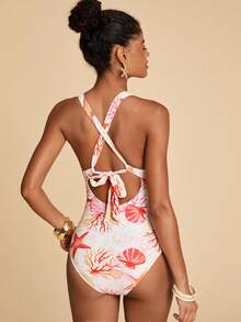 Travachic 1pc Women's Starfish & Shell Print One-Piece Swimsuit,Orange And White,Summer,Jamican,Pool Party,Vacation,Holiday,Beach Outfits,Elegant,Y2k,Ocean - Multicolor - View 2