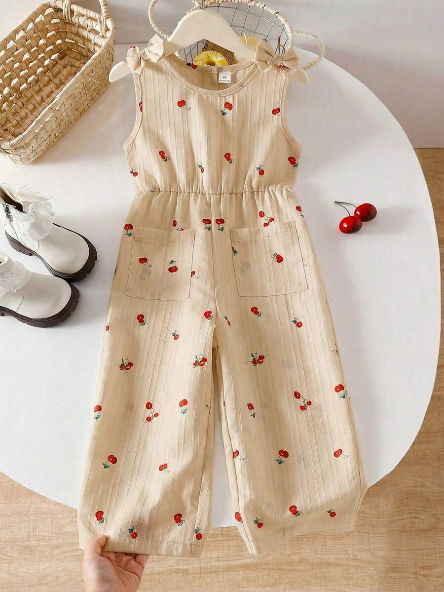 Genkimix Kids Young Girls Cute Cherry Print Camisole,Wide Leg Casual Jumpsuit With Bow,Pockets Sleeveless Romper Summer Matching Y2K Family Vacation Outfit - Khaki - View 1