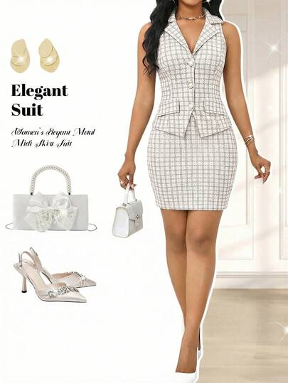 SHEIN Lady 女士优雅通勤格纹背心和半裙套装