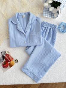 SHEIN 少女条纹领开衫短袖衬衫和裤子睡衣套装 - 藍白色 - 查看 1