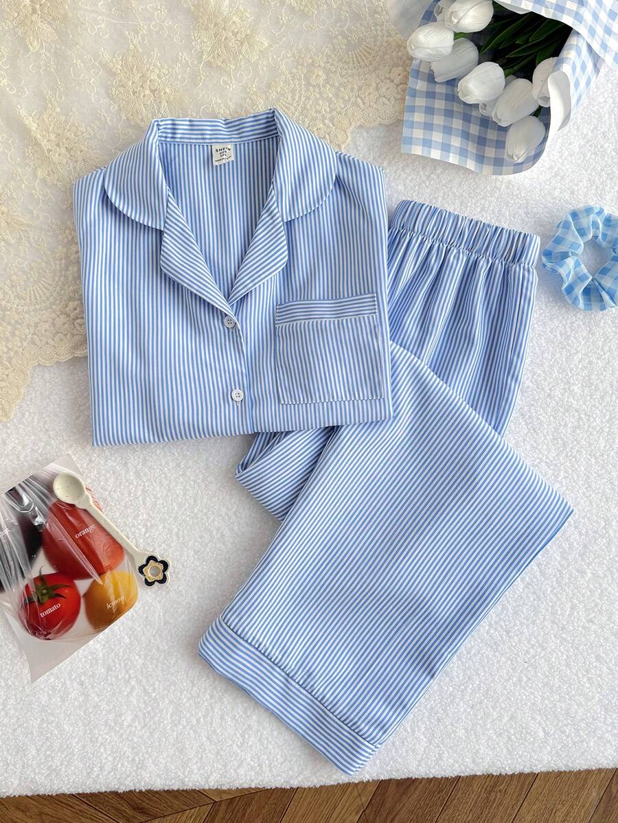 SHEIN 少女条纹领开衫短袖衬衫和裤子睡衣套装 - 藍白色 - 查看 1