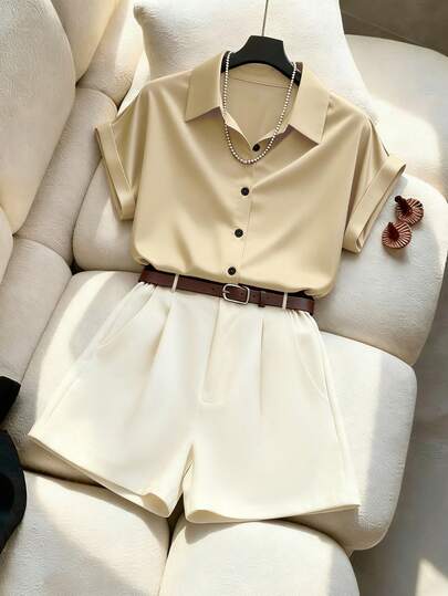 Franclia 春夏休闲轻薄工作衬衫及阔腿短裤套装，含腰带