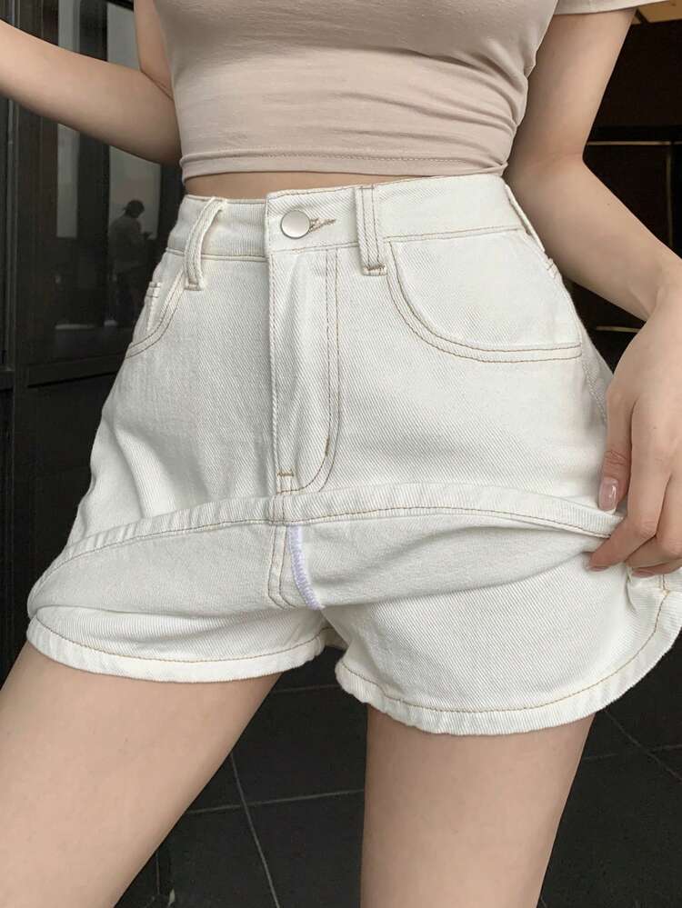 Teen Girl Plain Color Slant Pocket Denim Shorts, Spring/Summer