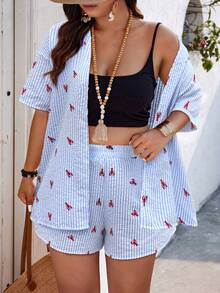 EMERY ROSE Women's Loose Striped Lobster Casual Suit, Suitable For Daily And Vacation Wear, Spring/Summer - Multicolor - View 4