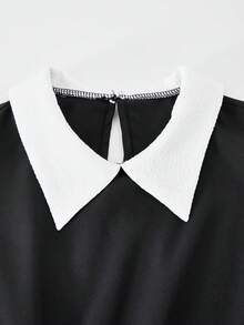 SHEIN This One-Piece Girl's Youth Dress Features A Fashionable And Elegant Style With A Small V-Neck, Puff Sleeves, A Fitted Waist, And A Wide A-Line. - Black and White - View 3