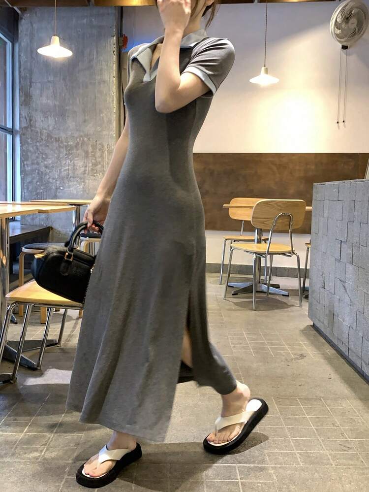 Women's Polo Collar Short Sleeve Midi Dress, Fitted Bodycon Slim Waist Midi Dress