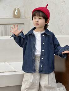 Dazy Kids 男童素色前开襟宽松长袖牛仔夹克 - 中等水洗藍 - 查看 2
