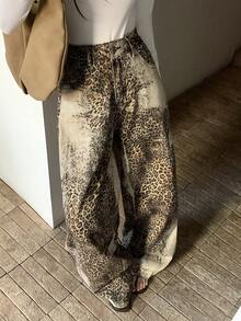 DAZY Women's Loose Fit All-Over Leopard Print Relaxed Denim Jeans - Brown - View 2