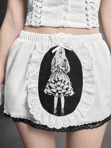 ROMWE Grunge Punk Gothic Lolita Low Waist Super Short Contrast Lace Trim Printed Mini Skirt - White - View 5