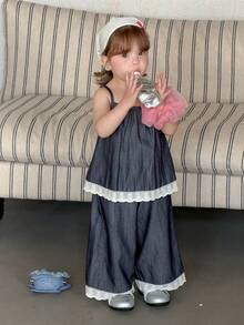 DAZY 2pcs/Set Toddler Girls' Washed Korean Style Lace Camisole & Loose Casual Jeans Pants - Blue - View 10